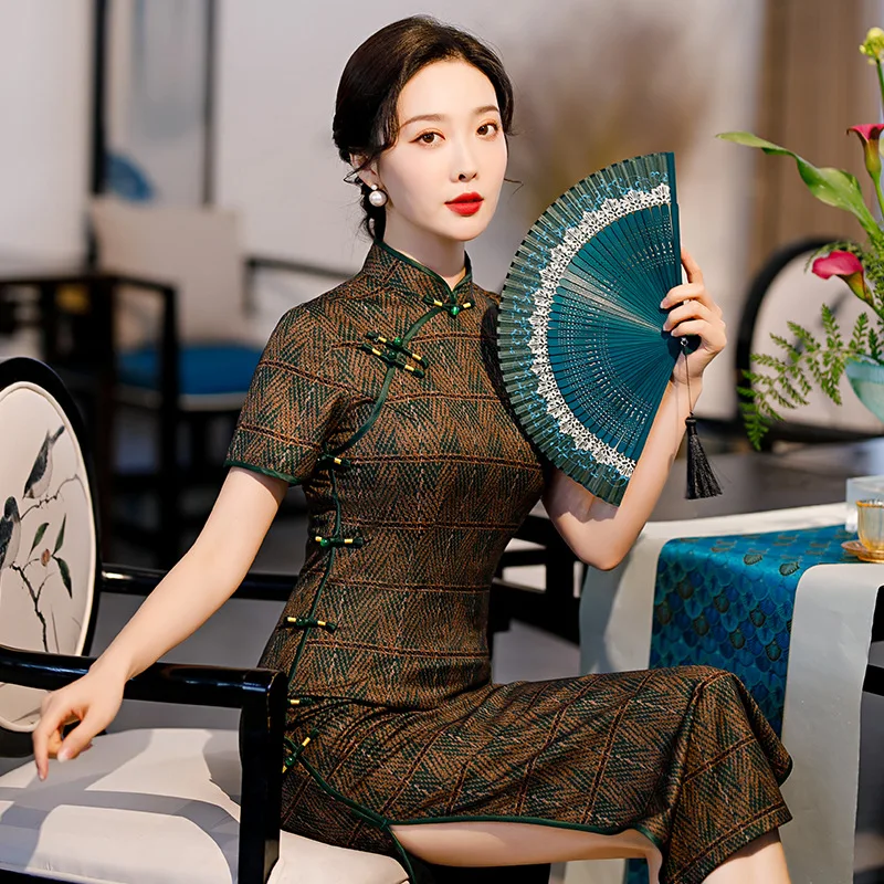 

Sheng COCO New Dark Brown Geometric Pattern Lady Chinese Qipao Dresses Improved Daily Cheongsam Slim Elegant Long Qi Pao Dress
