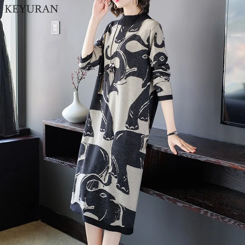 Осенне зимнее женское жаккардовое платье свитер с высоким воротником женский