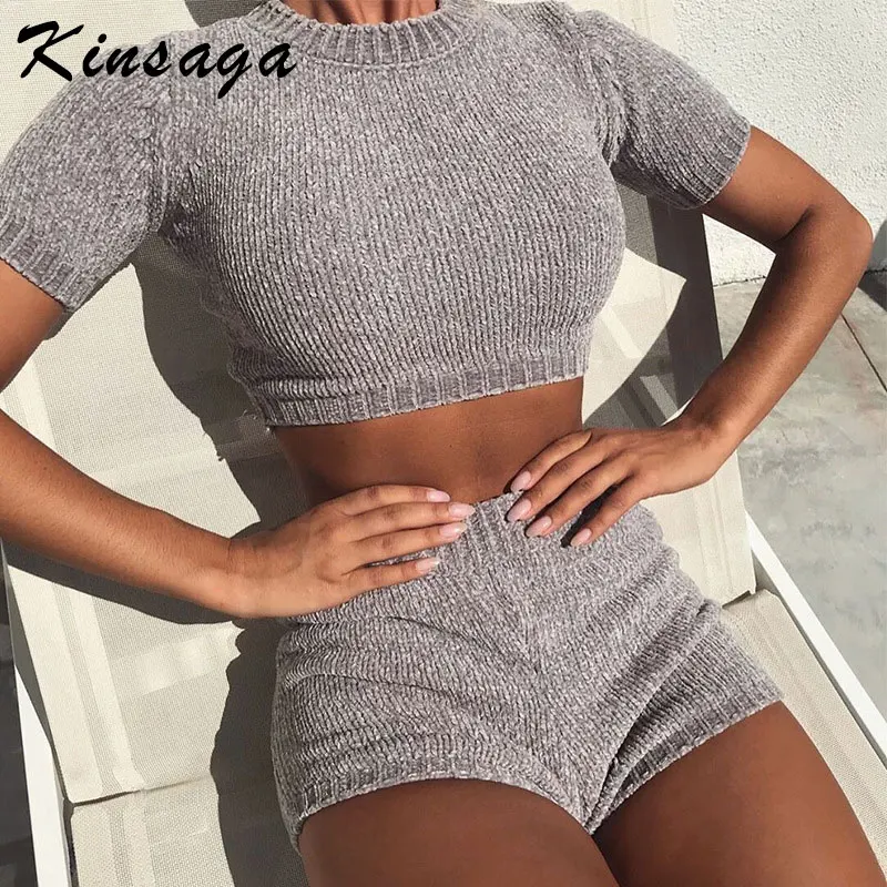 Весенне-осенние сексуальные трикотажные женские костюмы с круглым вырезом и