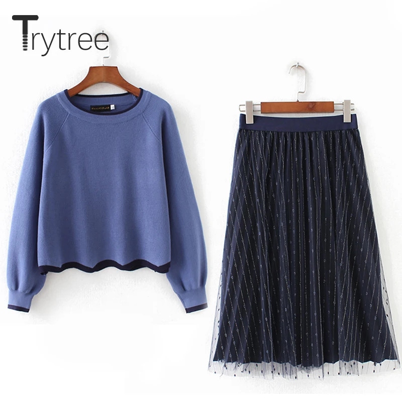 Осенне зимний женский повседневный комплект из двух предметов Trytree темно синий