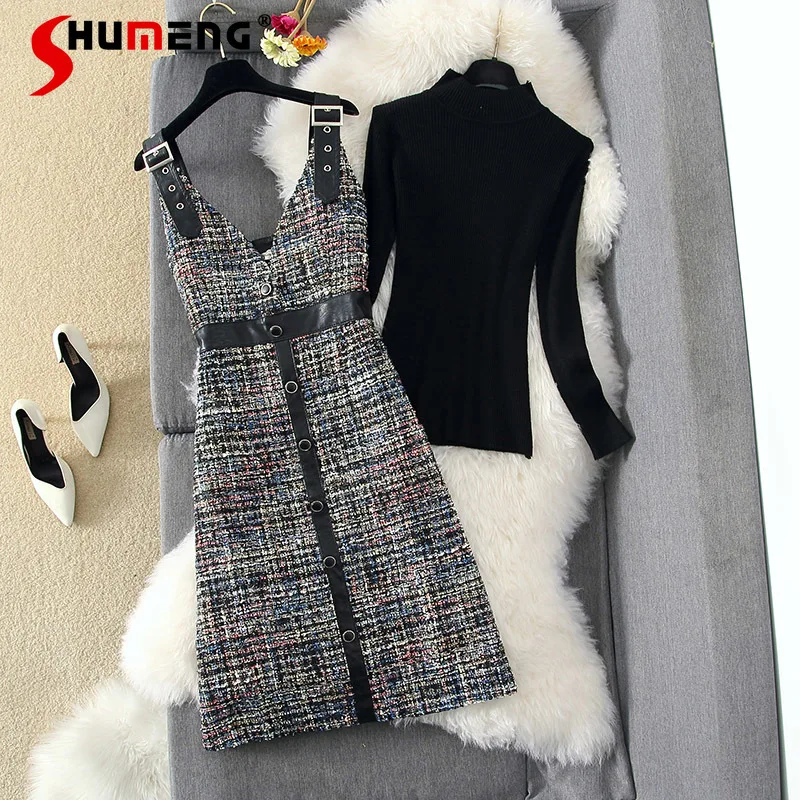 

Модное женское платье, наряд сезона зима 2021, женский черный пуловер, вязаный Топ + твидовое платье миди на бретелях с V-образным вырезом и поя...