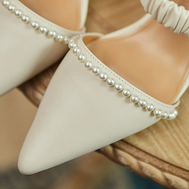 

Handmade Women Sandals Summer Shoes Party High Heels New 2021 Genuine Leather Pointed Toe Pearls Ladies Dress Mules Big Size 40