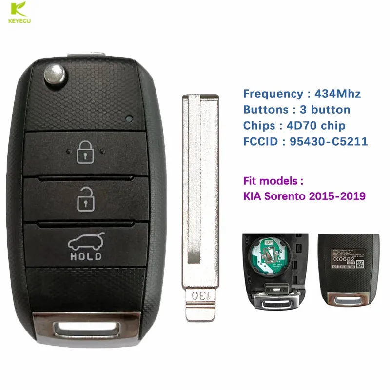 

KEYECU OEM Genuine Smart Remote Flip Key Fob 3Button 433 MHz TIRIS DST80 Chip For KIA Sorento 2015-2019 OKA-910T 95430-C5210