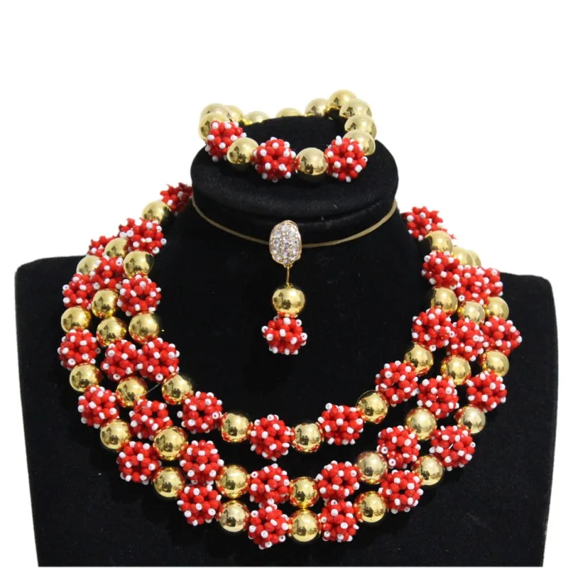 

4UJewelry African Dubai Necklace Set Red and Gold 3 Layers 100% Handmade Crystal Jewellery Set For Nigerian Wedding Women Gift