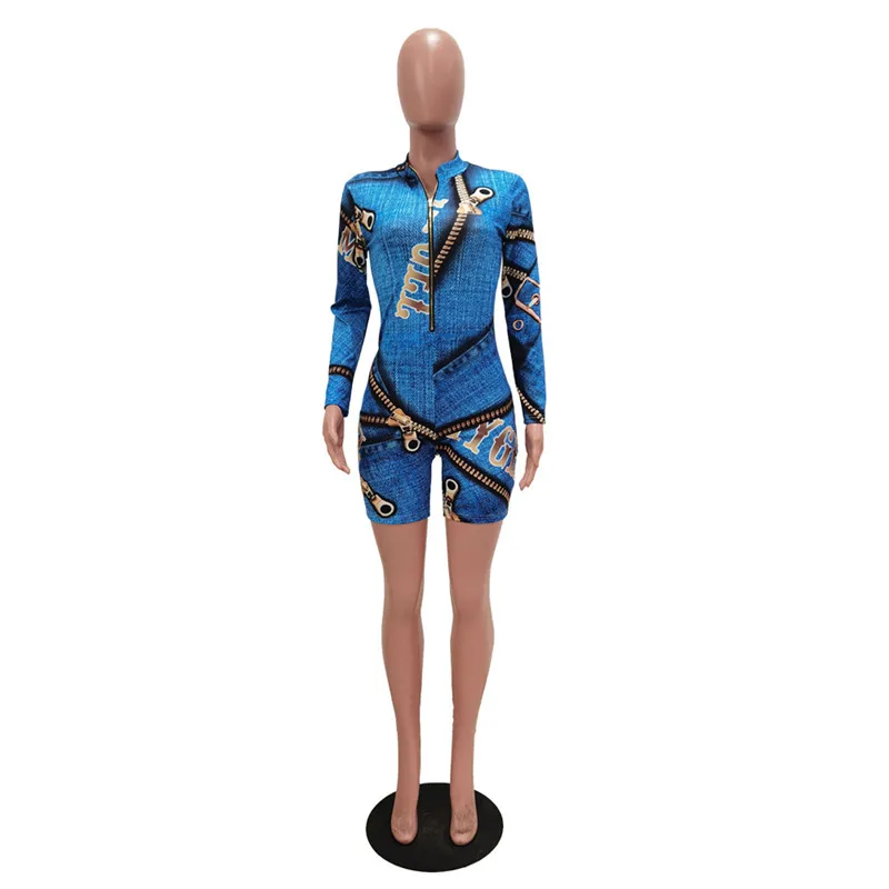 

Zoctuo Sexy Deep V Neck Jumpsuit Print Zipper Long Sleeve Denim Rompers And Jumpsuits For Women Casual Bodycon Girls Jumpsuits