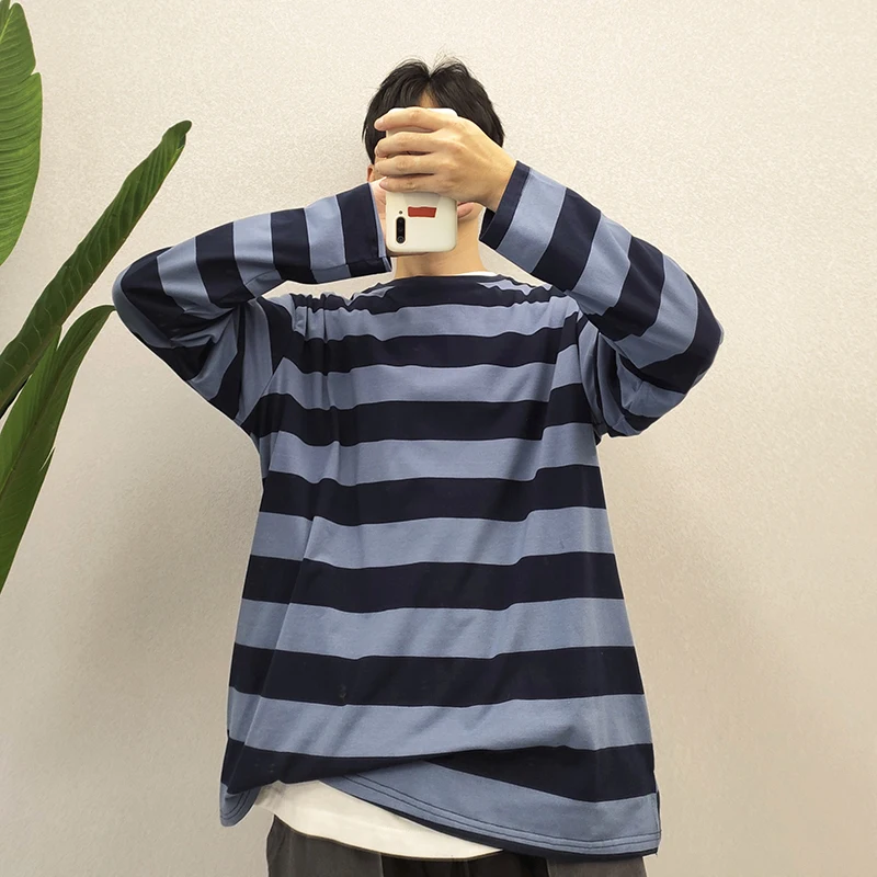 

2021 Fashion T Shirt Spring Autumn Striped Chic O Neck Harajuku Mens Clothing Harajuku Femme T-shirts Chemise Homme WPY2523