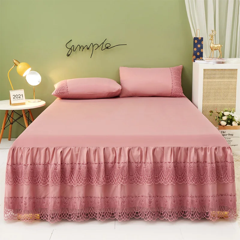

3pcs solid color Princess Bed Skirt Beige Lace Girl Bed cover Luxury Bedding Pillowcase set double king queen size Home Textile