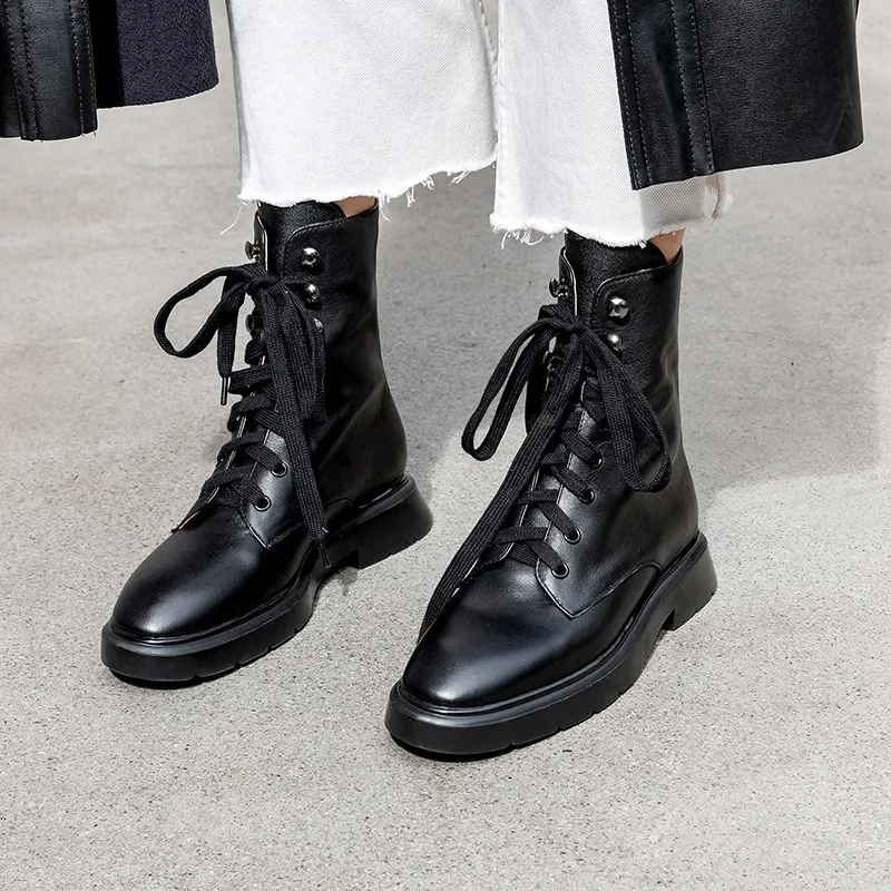 Женские ботильоны на шнуровке FEDONAS Черные Теплые повседневные из натуральной