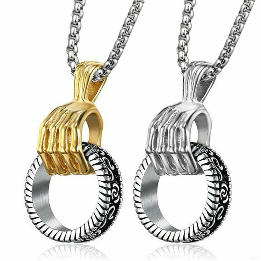 

Cool Gold Mens Stainless Steel Skull Skeleton Hand Ring Pendant Necklace