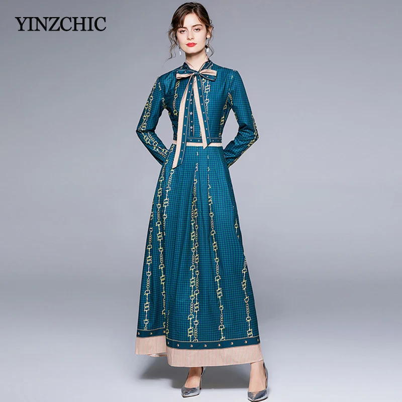 

Fashion Print Long Dress Woman Bow Neck Female Casual Slim Maxi Party Skirts Full Sleeve Fall New Printed Runway Dresses Elegant