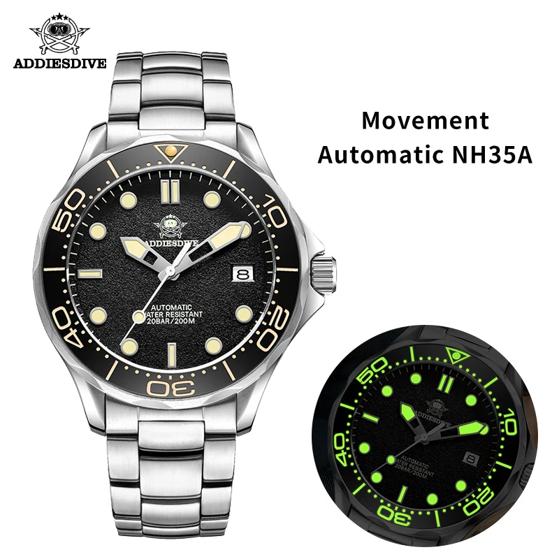 

Addiesdive 2106 Diver Mechanical watches NH35A Movement C3 Luminous Stainless Bracelet Automatic Luxury Business Automatic Watch