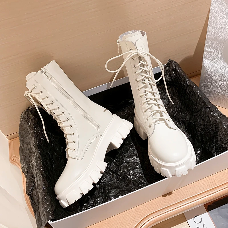 

Rimocy Fashion Platform Motorcycle Boots Women White PU Leather Chunky Ankle Boots Woman Autumn Winter Thick Bottom Botas Mujer