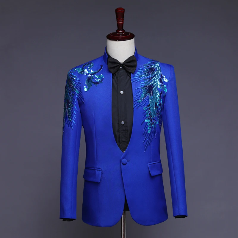 Мужской костюм для банкета со стразами и вышивкой в виде перьев выпускного