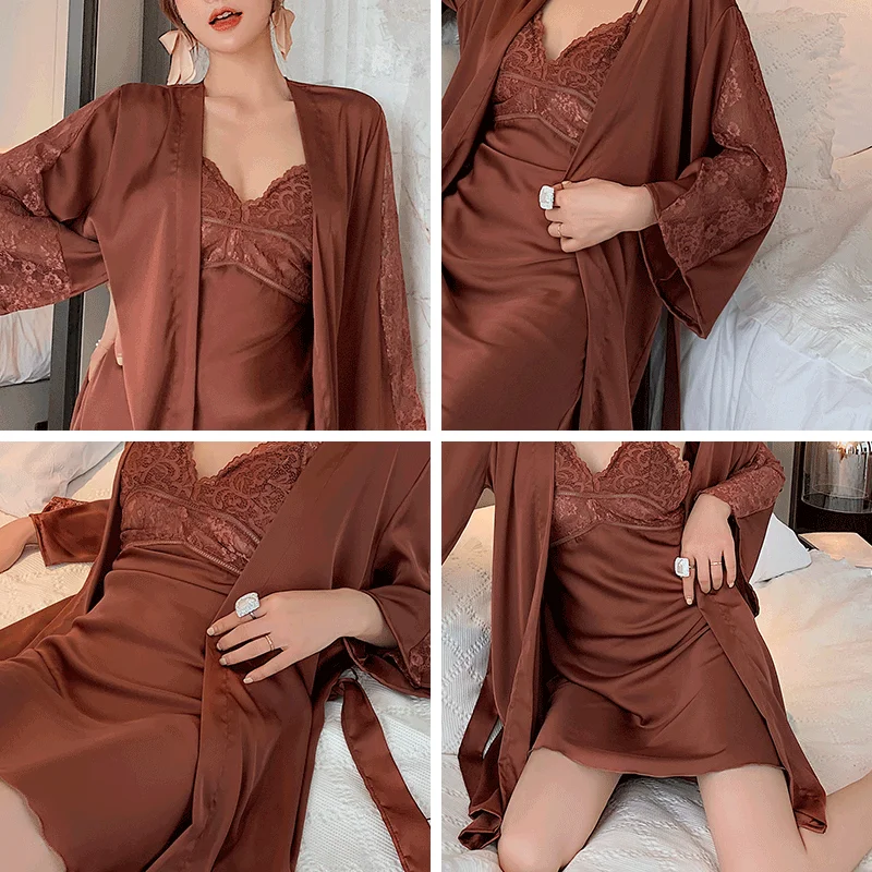 

Silk Nightdress Women 2021 Sexy Suspenders Satin Bathrobe Nightwear Thin Lace Lace-up Spring/Summer Pajamas Two-Piece Set