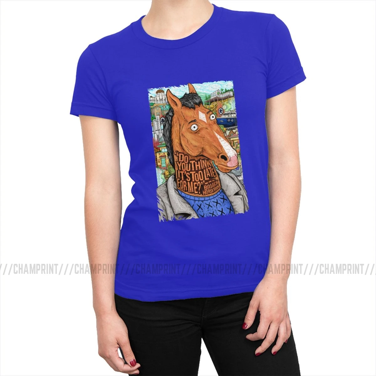 Женская футболка Bojack Horseman с забавным рисунком, эстетическая футболка с круглым вырезом, хлопковая уличная одежда размера плюс, женская одежда - Цвет: Синий