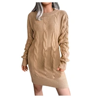 womens classic autumn and winter sweater dress round neck long sleeve solid color chunky cable knit sweater sweater oversized