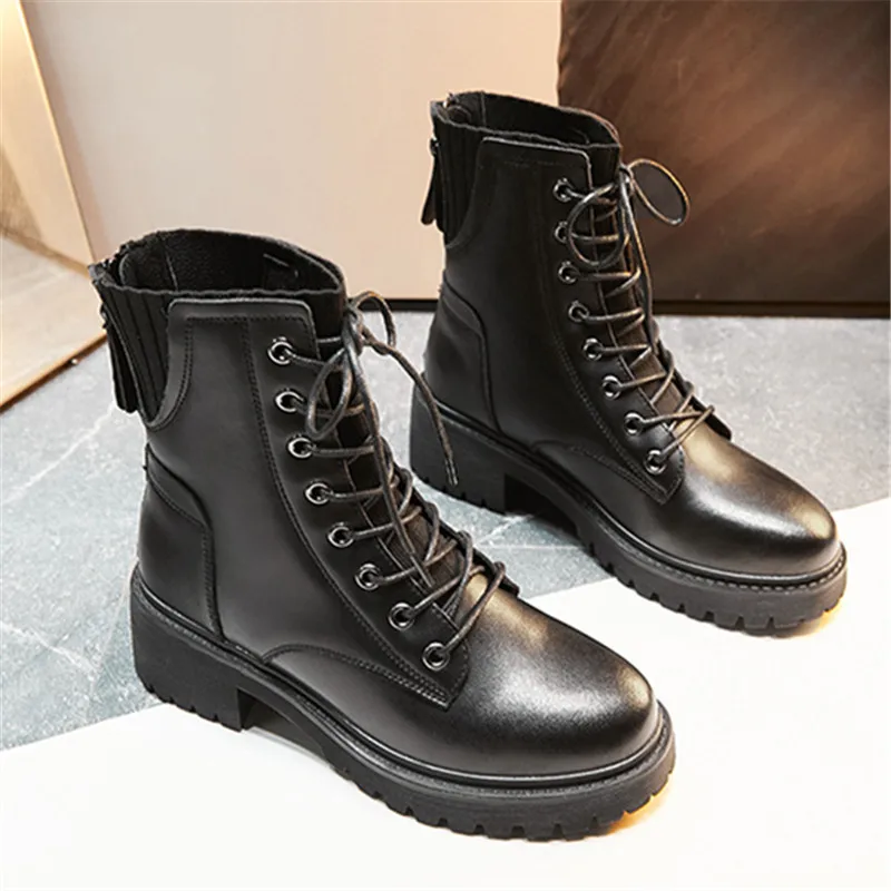 

British Style Fall Winter Leather Women Ankle Boots Thick Bottom Casual Round Toe Lace-Up Booties Heel 4.5cm ZIP Shoes Size35-40