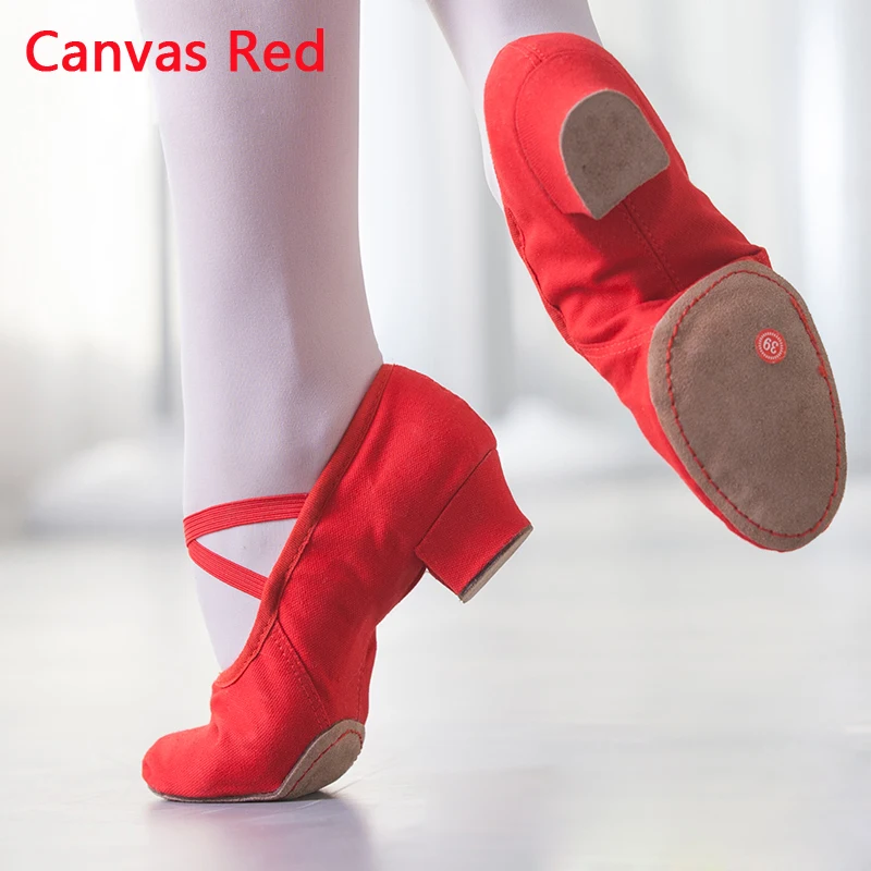 Canvas Red Качественная танцевальная обувь для женщин; кожаная обувь на среднем каблуке для девочек; балетная обувь для джаза; обувь для танца живота и йоги; обувь для латинских танцев; обувь для учителя - Цвет: Canvas Red