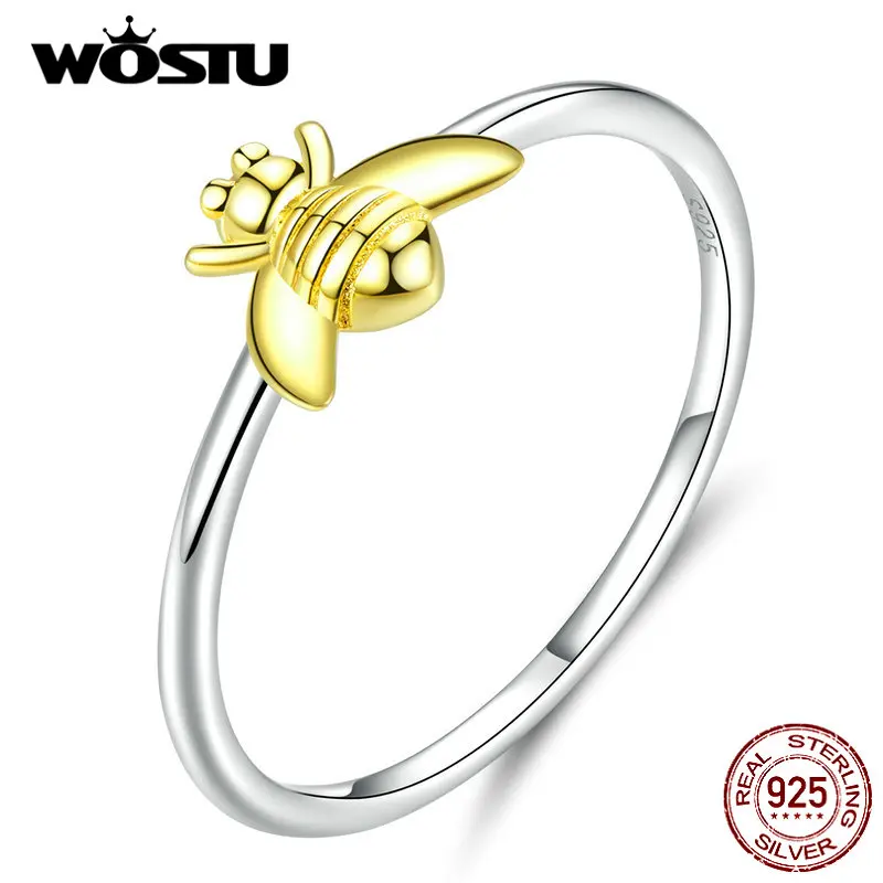 WOSTU 100% Real 925 Sterling Silver Lovely Bees Ring For Women Gold Color Wedding Rings Engagement Lover Fine Jewelry DXR595 | Украшения и