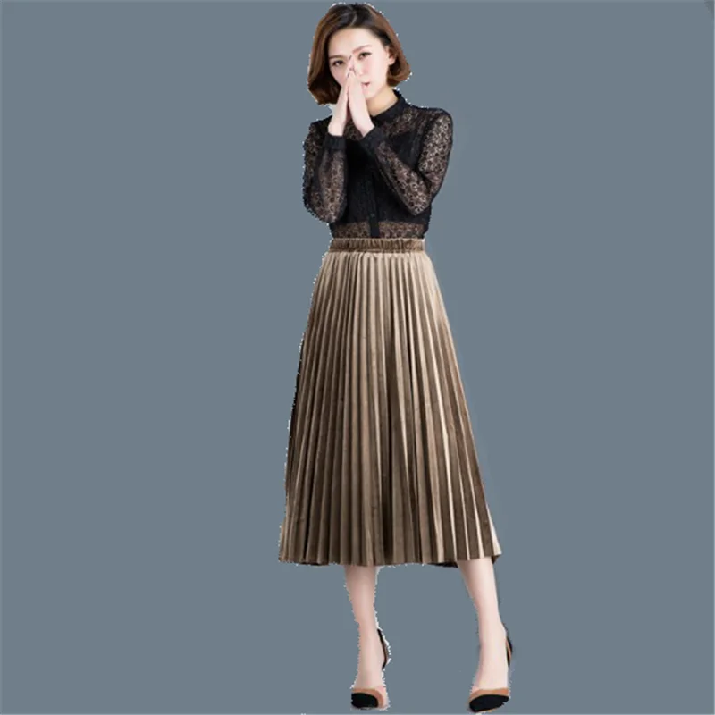 

Women Skirts Gold Velvet Pleated Long Skirt Female Vintage High Waist Elascity Casual A Line Party Skirt Plus Size S-3XL DS50194