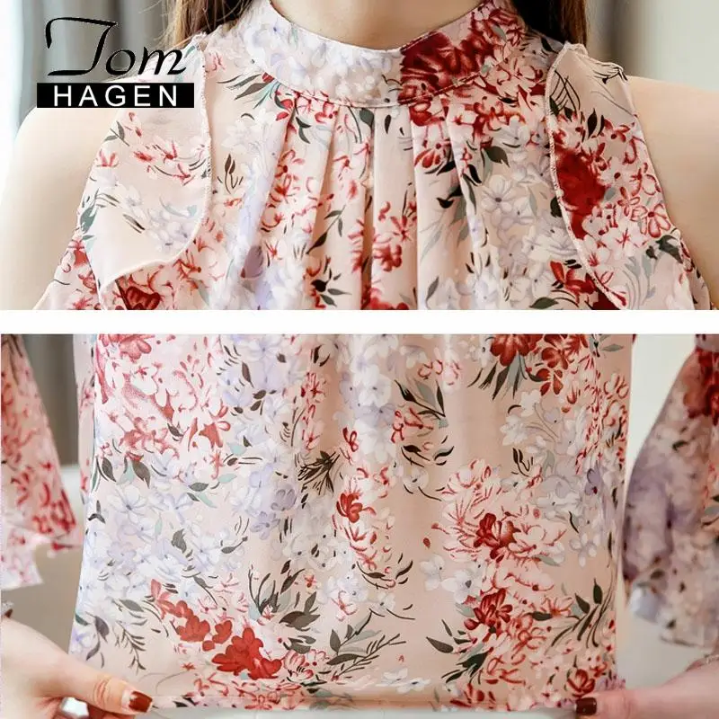 Женская шифоновая блузка с оборками рукавом-бабочкой и воротником-стойкой |