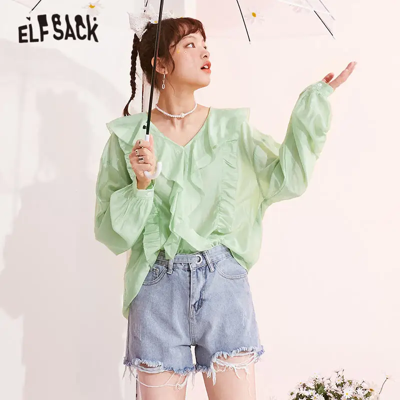 

ELFSACK Solid Pure Chic Ruffle Shirt Women,2021 Summer Vintage Full Sleeve Sweety Girly Basic Daily Minimalist Top