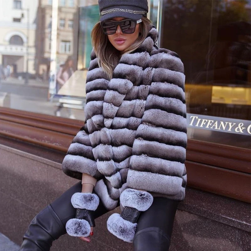 Fashion Rex Rabbit Fur Jacket With Lapel Collar Natural Women Winter Fur Overcoats Luxury Woman Genuine Rabbit Fur Coats 2022