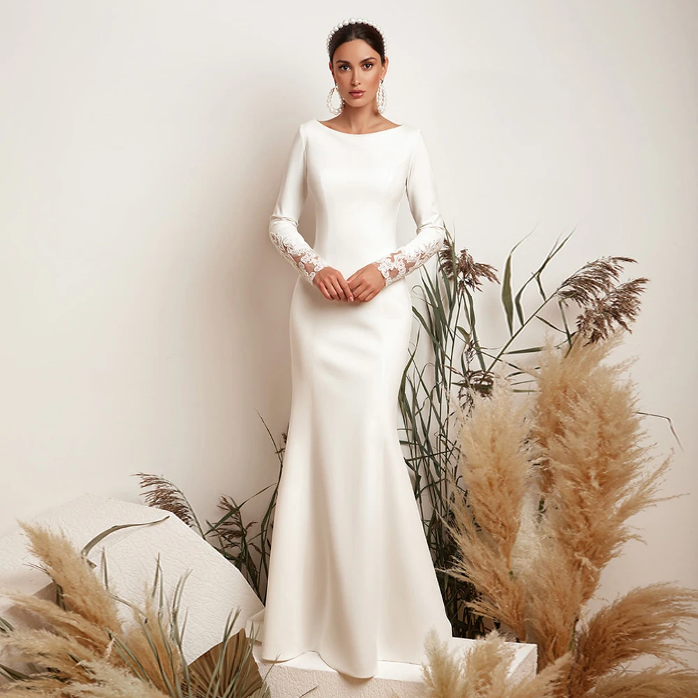 

Женское свадебное платье с юбкой годе, Сдержанное платье с глубоким вырезом, длинными рукавами и аппликацией на спине, элегантное платье не...