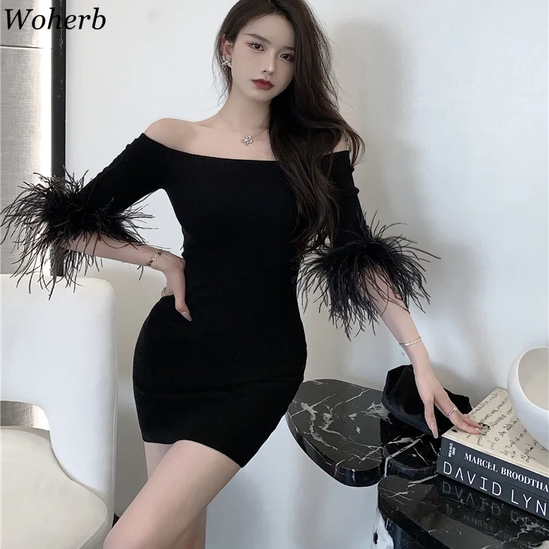 Сексуальное женское платье Woherb Осеннее черное шикарное Облегающее вязаное