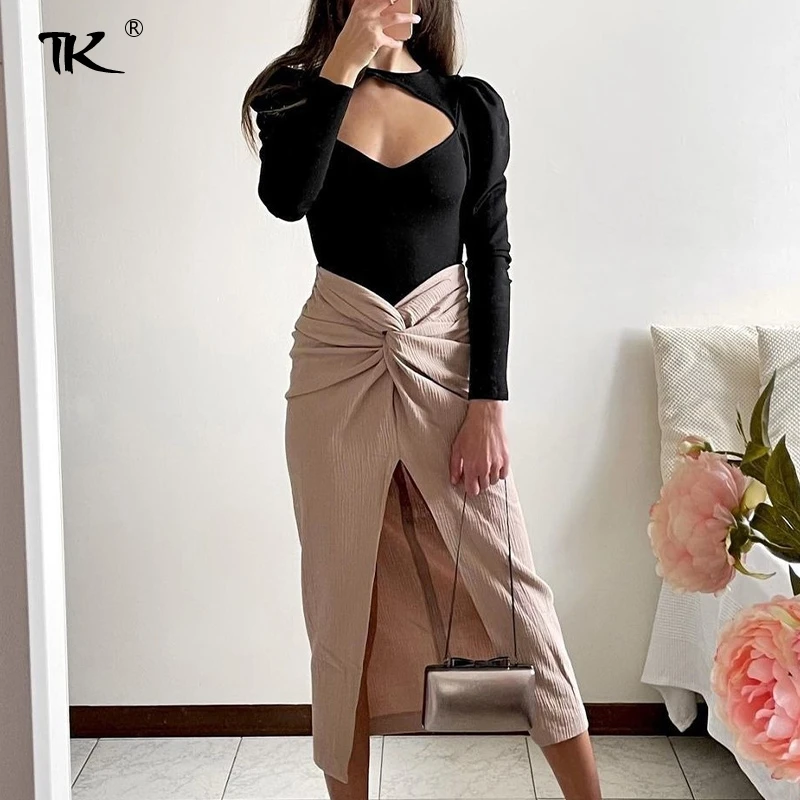 

Summer Texture Knot Split Women's Skirt High Waist Midi Skirts Zipper At Back Female 2021 New Solid Elegant Office Lady Clothes