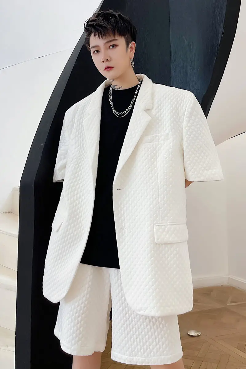 

IEFB 2021 Summer Solid Color Men's Blazer Diamond Embossed Male Short Sleeve Suit Coat Loose Causal Korean Big Size Man Clothing