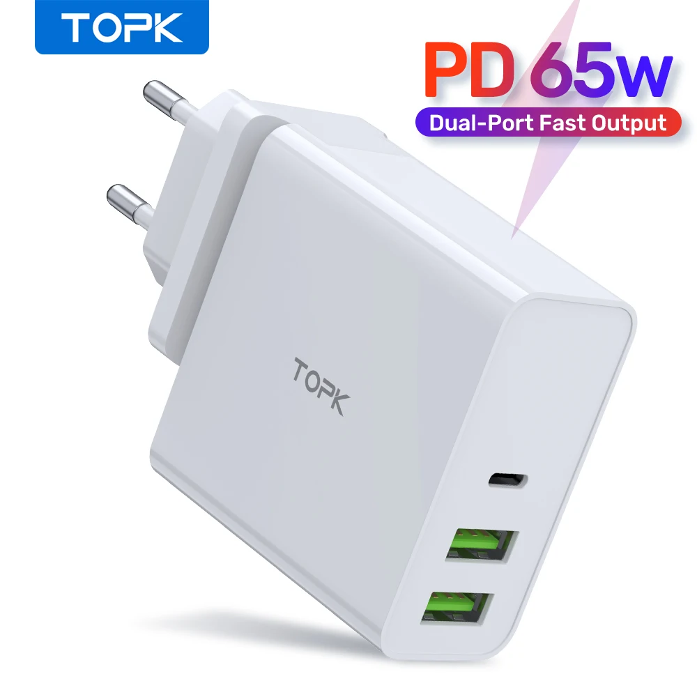 

TOPK B306P 65W PD QC 3.0 Quick Charge Fast Charger USB Type C Charger for Xiaomi Huawei iPhone Tablet Mobile Phones Quick Charge