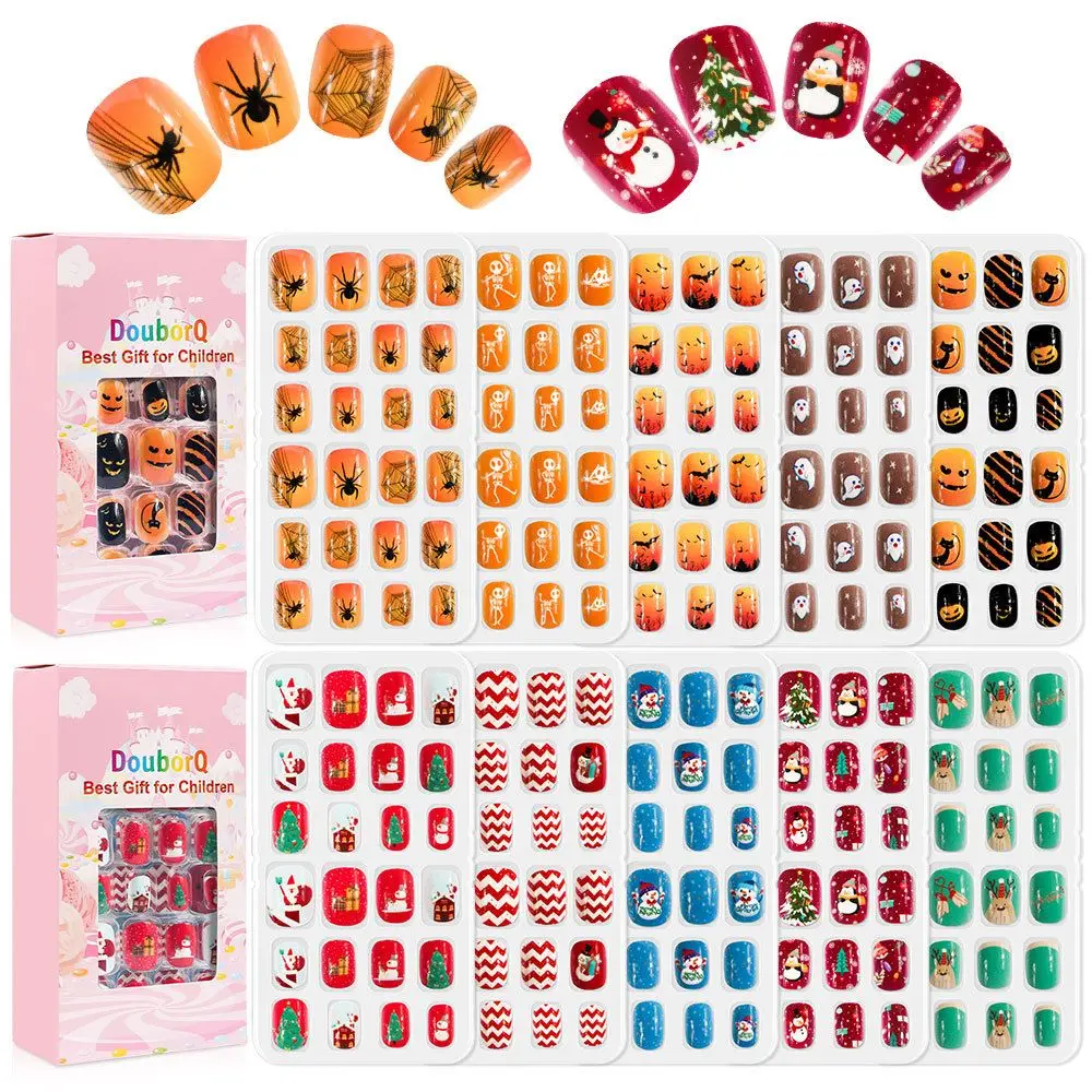 

120Pcs/Set Full Cover Stick On Nails Pre-Glue False Nails Art Cartoon Kit Children Halloween Fake Nail Tips Manicure Accessories