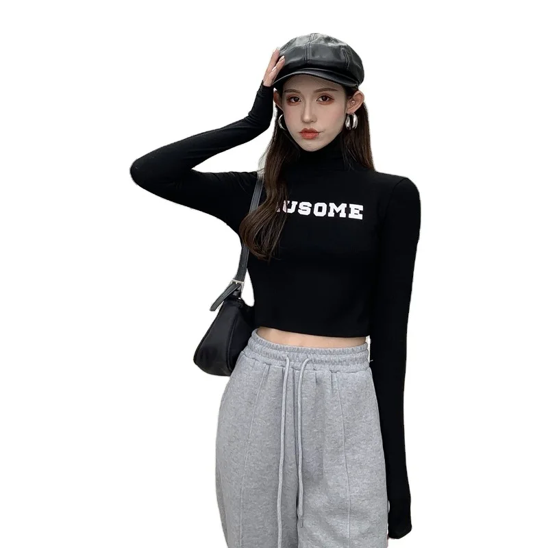 

Turtleneck Slim Fit Shirt All Match Knitted Tops Workwear Office Ladies Letter Printed High Neck Long Sleeve Women Shirts