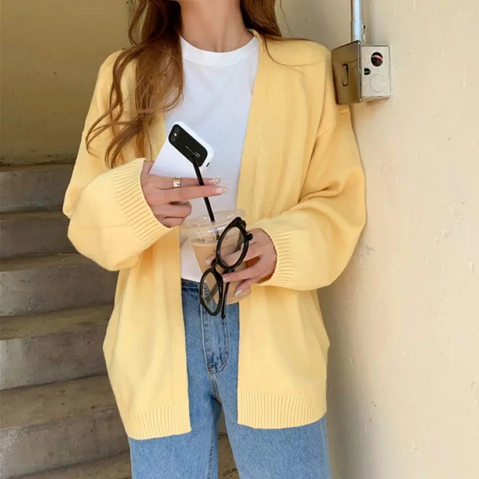 

Syiwidii Women Sweaters Autumn Winter New Cardigan Long Sleeve V-Neck Casual Knitted Jacket Korean Clothing for Women