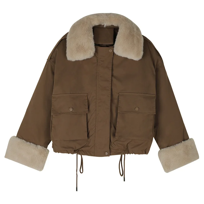 

2020 Korean short wool collar warm women's cotton padded coat winter casual loose Plush cuffs Cute Cotton Coat