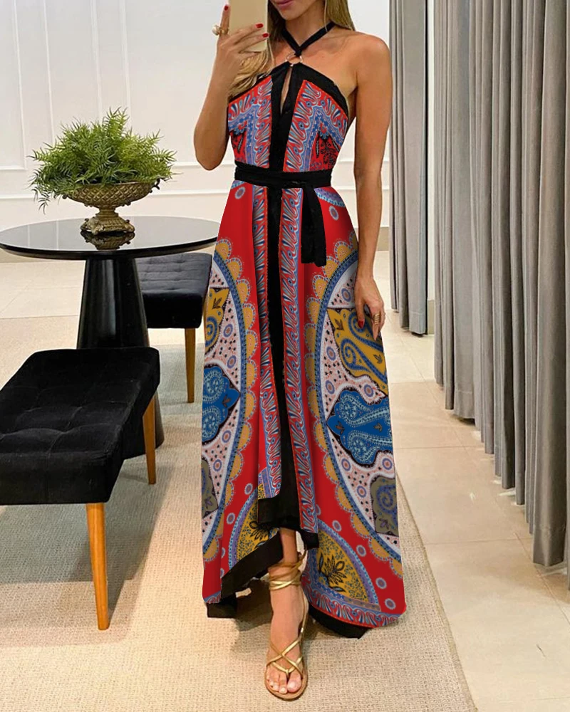 

2021 Summer Women Long Dress Sleeveless Backless Robe Femme Halter Sexy Dresses Printed Vintage Dress