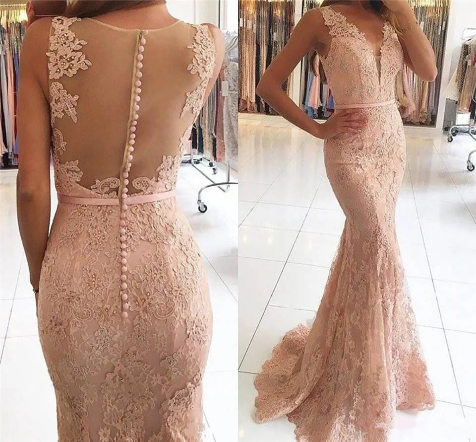 

Lace Formal Dresses Applique Prom Party Gown Illusion Evening Dress V-Neck Sleeveless Floor-Length NONE Train Custom Button
