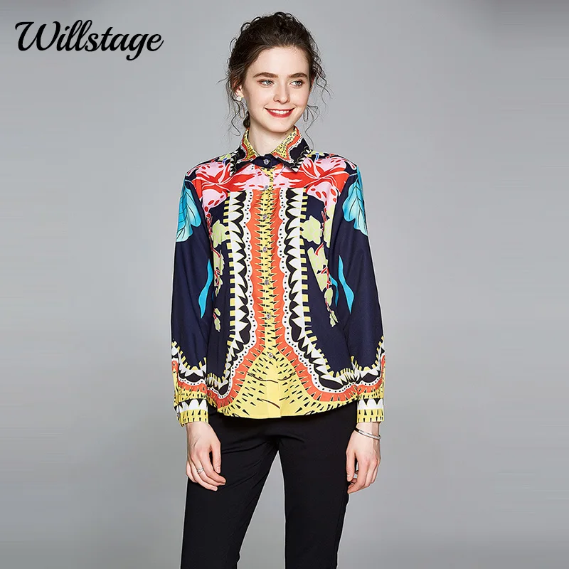 

Willstage floral long sleeve women shirts retro Elegant Blouse pattern button Shirt 2020 Autumn office ladies work wear