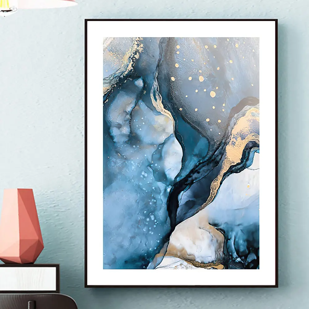 Абстрактная текстура постер синий золотой Холст Живопись винтажный