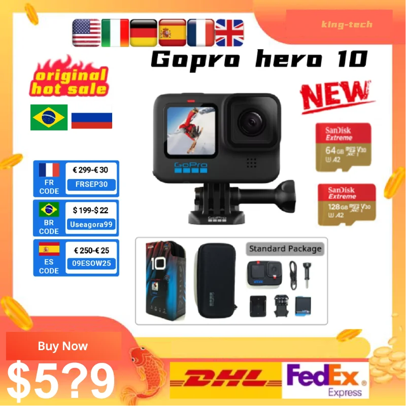 

В наличии экшн-Камера GoPro HERO 10 Black 4K 5,3 K передний экран Спортивная камера 23 МП GP2 Водонепроницаемая мини-Видеокамера GoPro HERO 10