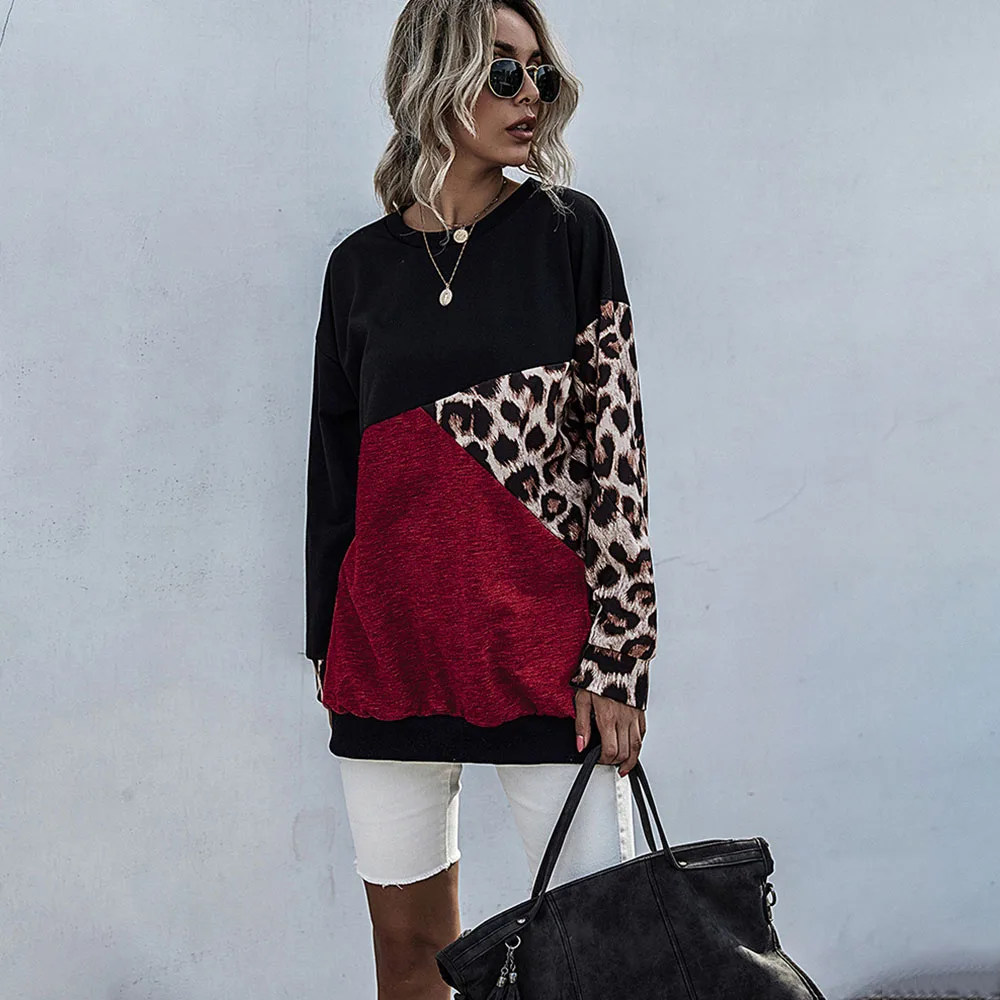 

Autumn Womens Hoodie Sweatshirts Casual O-neck Long Sleeve Leopard Patchwork Tops Female Spring Fashion Hoodless Top 2021