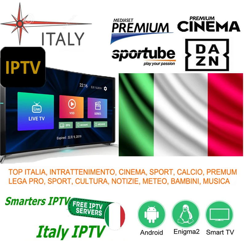 IP ТВ Италия подписка на Smart Android коробка enigma2 mag 2000 + Кино спортивные mediaset premium dazn