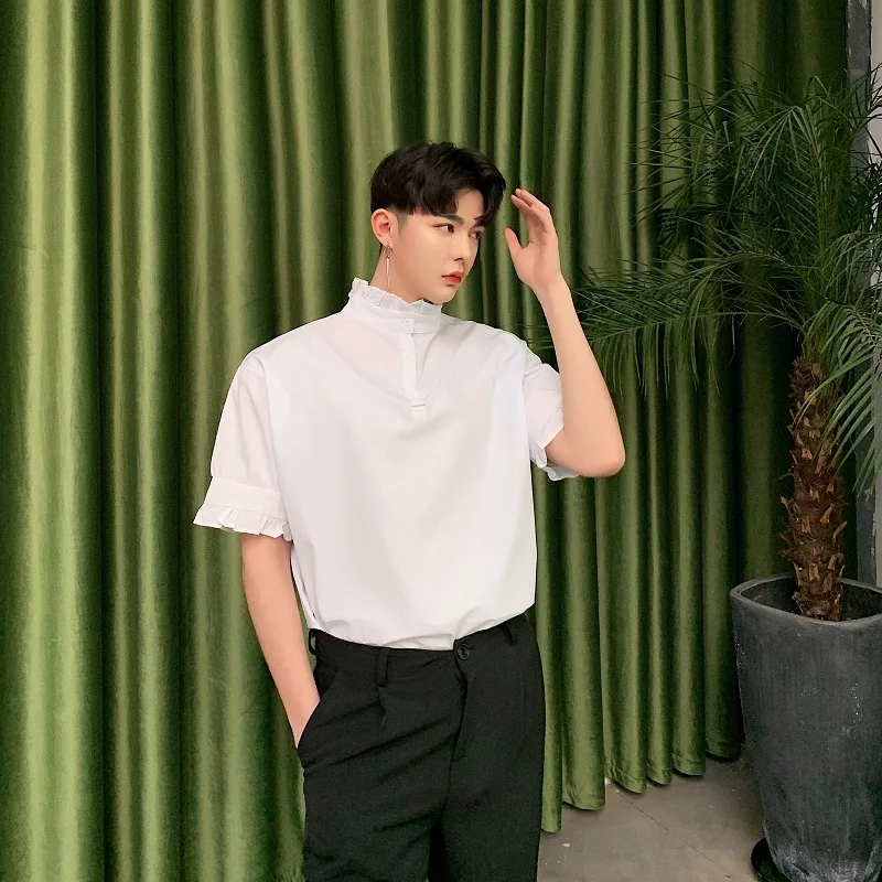 Мужская летняя одежда Свободная Повседневная рубашка с воротником стойкой