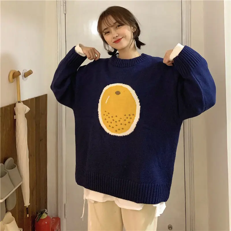 

Funny Fruits Jacquard Women Sweater Korean Causal Long Sleeve O-neck Pull Femme Autumn Winter Knitted Top 2020 Cotton Polyester