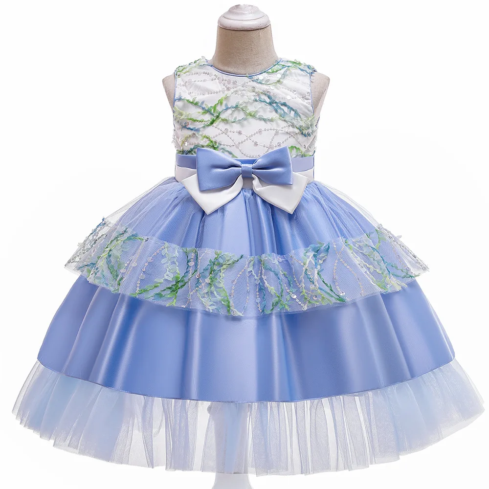 

Lovely Lace Appliques Beaded Blue Flower Girl Dresses Kids Evening Gowns Wedding First Communion Clothing 4-10Years