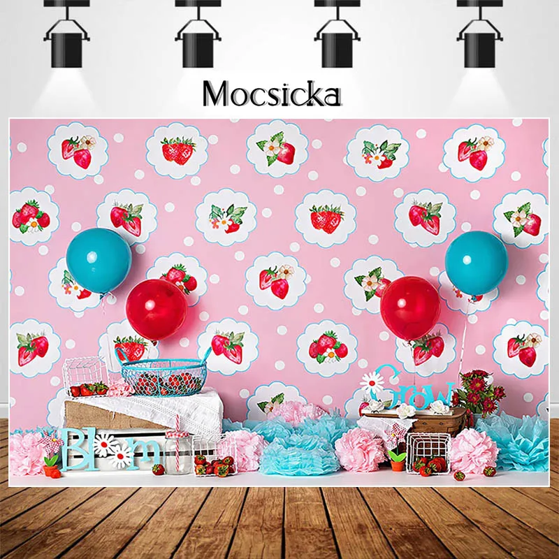 

Pink Strawberry Girl Birthday Cake Smash Photography Studio Photo Background Balloon Flower Decoration Backdrops for Photography