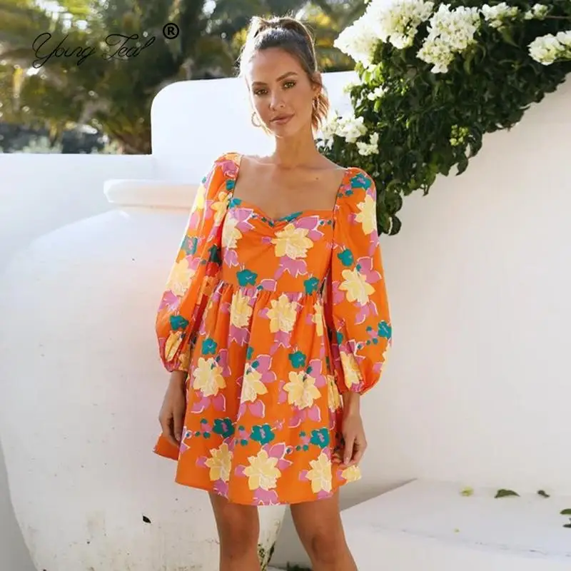 

Women Boho Floral Printed Mini Dress 2021 Autumn Sexy Square Collar Lantern Sleeve Party Dresses Female Chic Casual A Line Dress