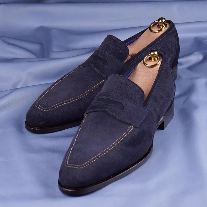 

Мужские классические мокасины темно-синего цвета на плоской подошве из искусственной замши, удобные лоферы, обувь для мужчин KA803