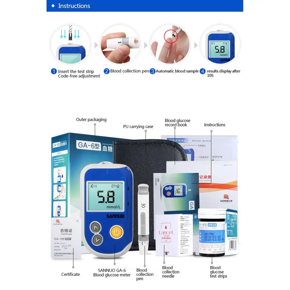 Sinocare GA-6 глюкометр для диабета медицинский измеритель уровня глюкозы в крови и тест-полоски иглы ланцеты Бесплатный Код измеритель уровня сахара в крови